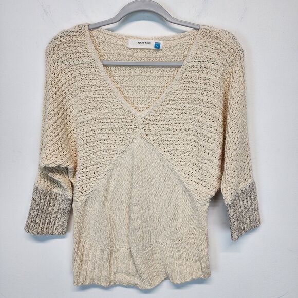 Sparrow Sweater Size M V-Neck Dolman Sleeve Open Knit Cream Beach Anthropologie - Picture 5 of 14